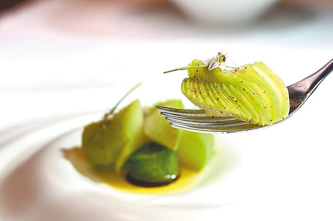 〈佛手瓜／龙鬚菜／苦茶油〉是将佛手瓜切成「梯田」状，搭配龙鬚菜卷、康普茶冻与鸡肝慕斯，并有苦茶油和酱油提味。图／姚舜