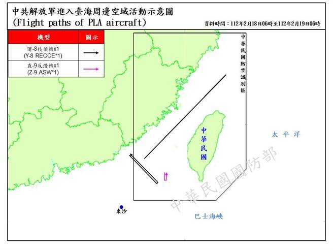 国防部今指出，自18日6时自今6时止，侦获共机8架次（其中进入西南空域2架次）、共舰4艘次，持续在臺海周边活动。（国防部提供）