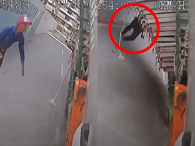 高雄市仁武区本月7日发生一辆吊车在作业时未把外伸撑座展开，造成车身不断倾斜，把车内的鹰架倒出，当场压死站在车旁的驾驶。（翻摄自记者爆料网）