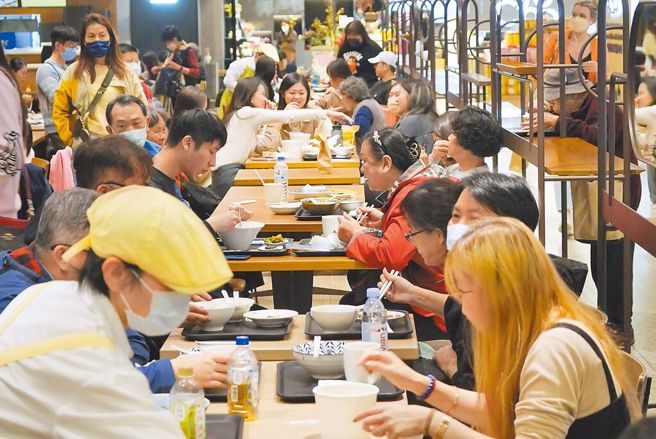 重症医师黄轩表示，虽然口罩解禁，但新冠仍在大流行，病毒不会散，情洗手、保持社交距离等防疫措施仍不能忘。图为民眾在百货公司用餐。（资料照）