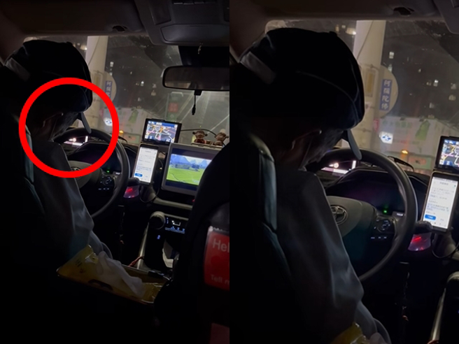 网友发现小黄司机整路在国道上忽快忽慢，在平面道路时甚至一度睡着，该网友听到打呼声和后方的喇叭声才赶紧叫醒对方。（翻摄自脸书「爆料公社」）