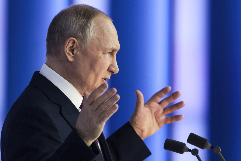 2023年2月21 日，俄羅斯總統普丁在莫斯科發表年度國情咨文。（美聯社）
