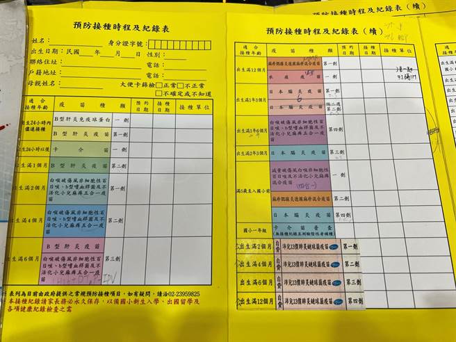 依宝宝健康手册看常规疫苗接种时程看，婴儿出生至1岁6个月，常规疫苗需要注射的就有16针，再加上流感疫苗以及新冠疫苗，总共超过20针。（施胜桓提供／冯惠宜台中传真）