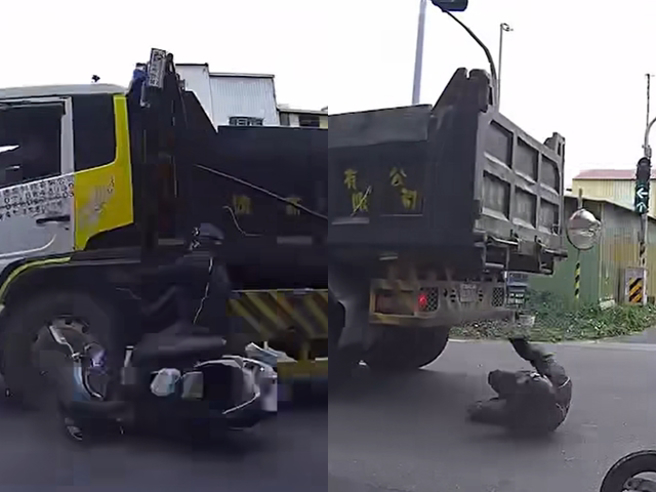 台南永康一处国道1号的涵洞今（21）早发生一名机车骑士在穿过涵洞时遭闯红灯的砂石车撞翻，骑士遭击落在地，所幸没遭辗过、仍有意识。（翻摄自脸书「爆料公社」）