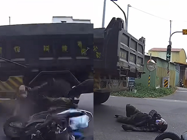 台南永康一处国道1号的涵洞今（21）早发生一名机车骑士在穿过涵洞时遭闯红灯的砂石车撞翻，骑士遭击落在地，所幸没遭辗过、仍有意识。（翻摄自脸书「爆料公社」）