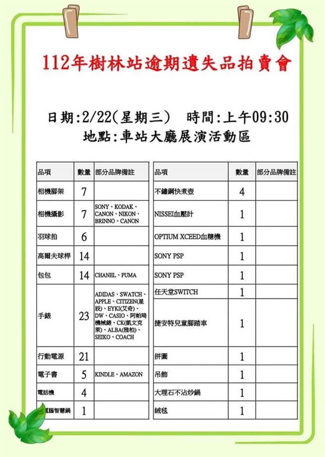 新北市树林火车站明日将举行遗失品拍卖会，遗失物包含大理石不沾炒锅、高尔夫球杆、行动电源、电子书，更有PSP、Switch等游戏机。（翻摄自树林火车站脸书）