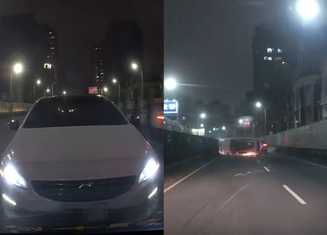 三宝驾驶疑逼车特斯拉，下秒却不慎擦撞侧翻喷出火花。（翻摄自脸书爆料公社）