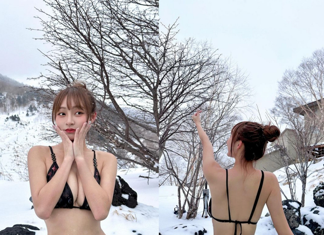 林襄只穿比基尼在雪中泡温泉，引来网友关切。（图／摘自林襄IG）