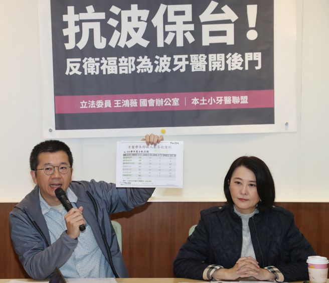 衛福部2月4日預告「國外牙醫學歷參加醫師考試臨床實作適應訓練辦法」草案，然而新公布的草案針對國外學歷實習名額通篇未提及總量管制及人數上限限制。立委王鴻薇（中）、本土小牙醫聯盟教授林元敏（左二）22日召開「時中選完偷修法！？王鴻薇偕牙醫反對衛福部為波牙醫開後門」記者會，要求每年固定開放實習名額，應為牙醫生總人數十分之一，不應為波波牙醫大開後門。（劉宗龍攝）
