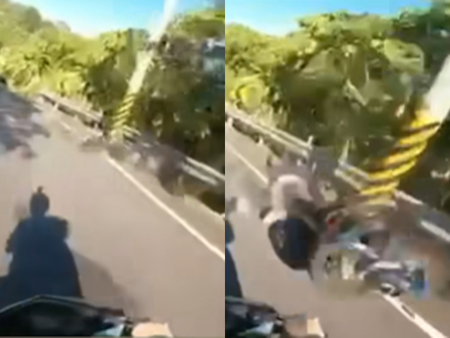 前车一路过弯压车，后车则骑到逆向车道，最后前车失控翻覆，后车不慎撞上倒地的机车，也跟着翻倒，一连滚了数十圈。（翻摄自记者爆料网）