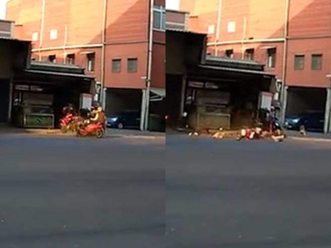 男骑士在路口准备左弯进巷弄时，遭到对向直行的机车撞翻，2车撞击瞬间喷飞大量零件，连一人的安全帽都喷飞，所幸2人都仅手部骨折。（翻摄自抖音「foodpandasoga」）