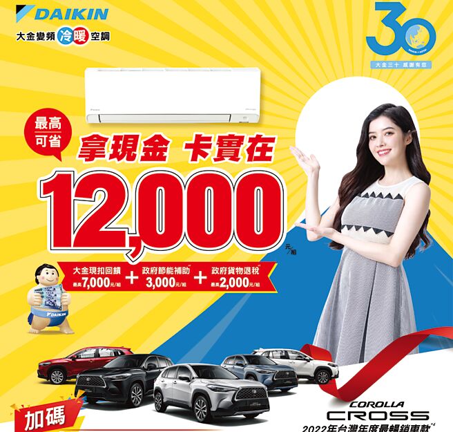 买大金冷暖变频空调最高可省12,000元，还有机会抽中TOYOTA COROLLA CROSS。图／业者提供