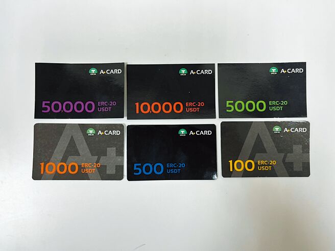 新北市刑大在板桥破获虚拟货币诈骗案，诈骗集团诱骗被害人购买面额100颗至5万颗不等泰达币的储值卡。（警方提供／徐沛琪新北传真）