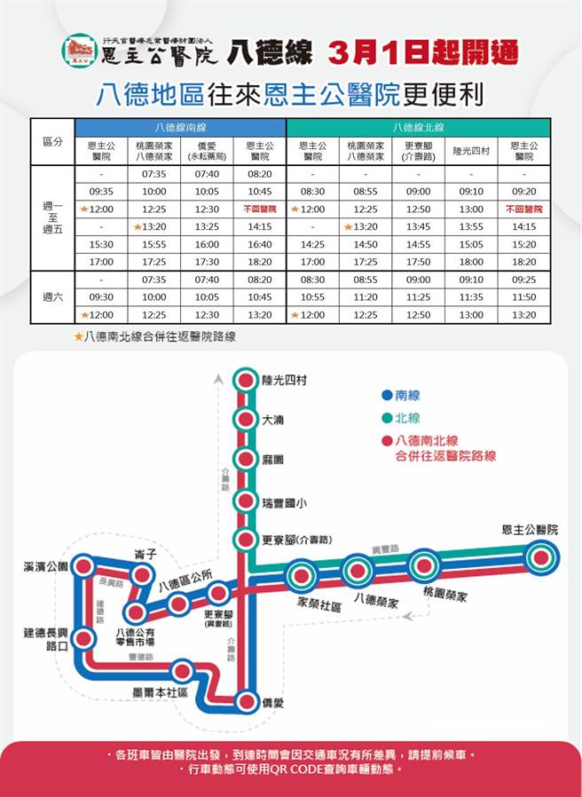 院方将在3月1日重启专车，并变更为南线（侨爱及八德市区）、北线（陆光大南地区），以及南北线站牌都会行经的三大综合线，车型也提升为中型巴士。（恩主公医院提供）