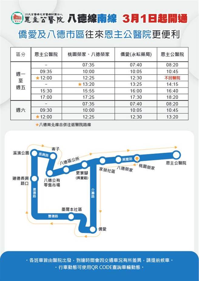 院方将在3月1日重启专车，并变更为南线（侨爱及八德市区）、北线（陆光大南地区），以及南北线站牌都会行经的三大综合线，车型也提升为中型巴士。（恩主公医院提供）