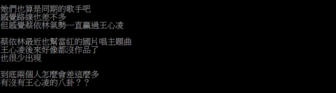 PTT有網友好奇蔡依林為何略勝王心凌一籌。（圖／翻攝自PTT）