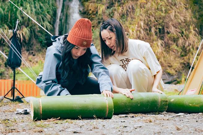 杨谨华（左）与郭雪芙锯竹子，脸越锯越苦。（TVBS提供）