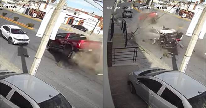 红色皮卡失控撞死罗兰多，画面看起来十分骇人。（图／翻摄YouTube）