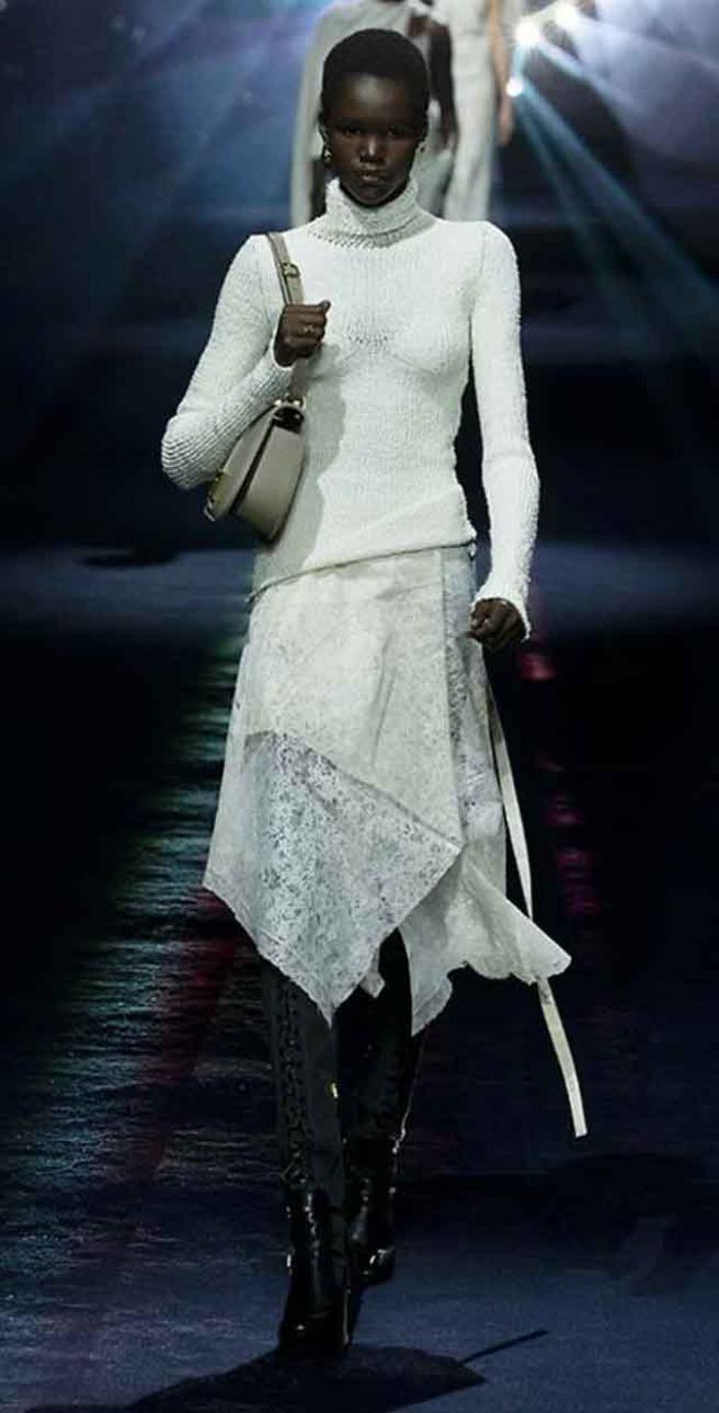 FENDI 本季轮廓俐落优雅，以男装轮廓、布料，搭配蕾丝点缀、贴身剪裁手法增添女性气场。（摘自品牌官网）