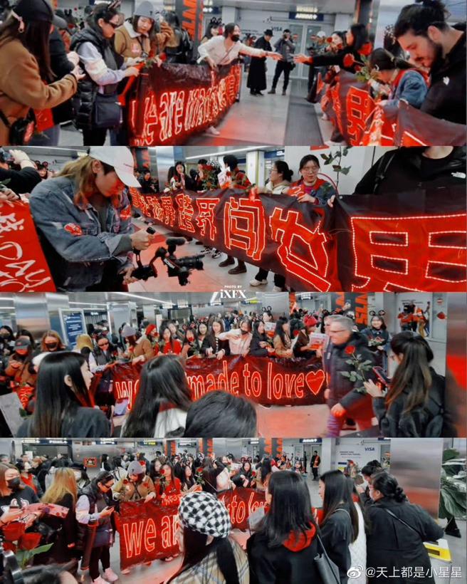 肖戰粉絲於米蘭機場外手拿玫瑰、紅布條接機。（摘自微博 ＠天上都是小星星）
