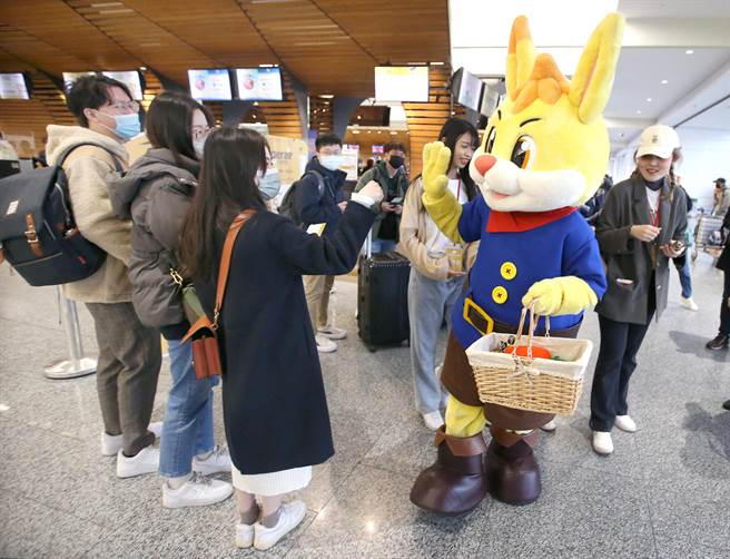 桃园机场24日欢庆开航44周年，机场公司出动萌兔发送巧克力给旅客分享喜悦。（范扬光摄）