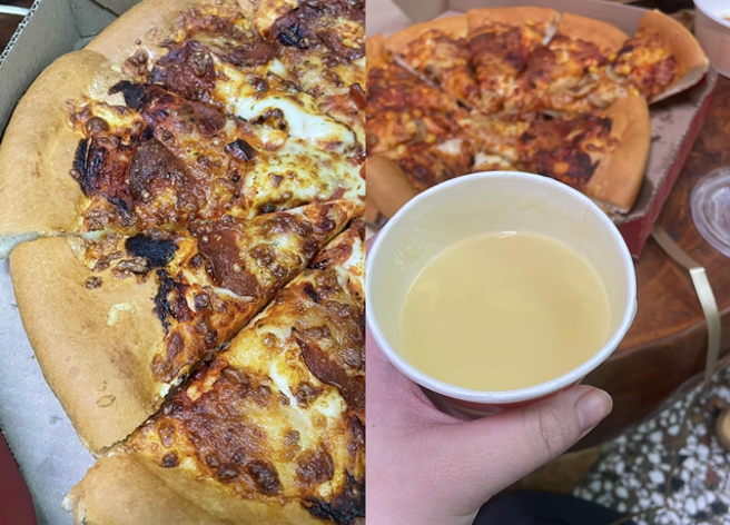 女子买了知名披萨连锁店的披萨，回家一打开后发现有5片被烤焦，买的玉米浓汤也臭酸掉。（翻摄自脸书爆料公社）