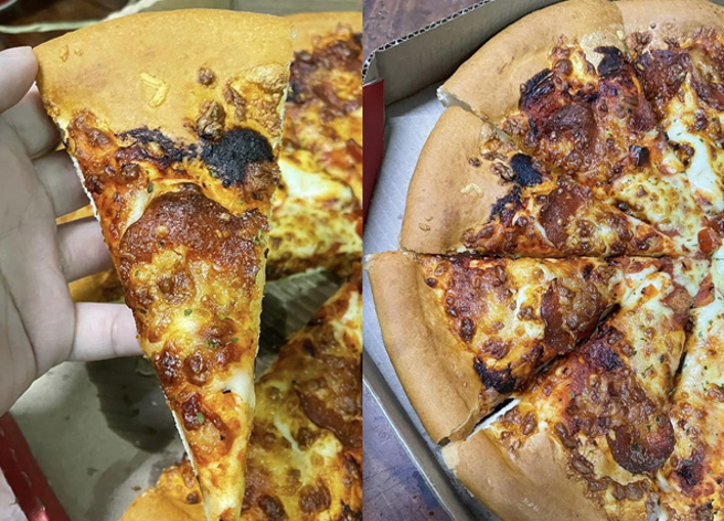 女子买了知名披萨连锁店的披萨，回家一打开后发现有5片被烤焦，买的玉米浓汤也臭酸掉。（翻摄自脸书爆料公社）