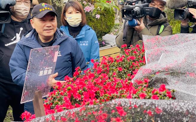 新北市长侯友宜欣赏设计师的花车作品。（吕健豪摄）