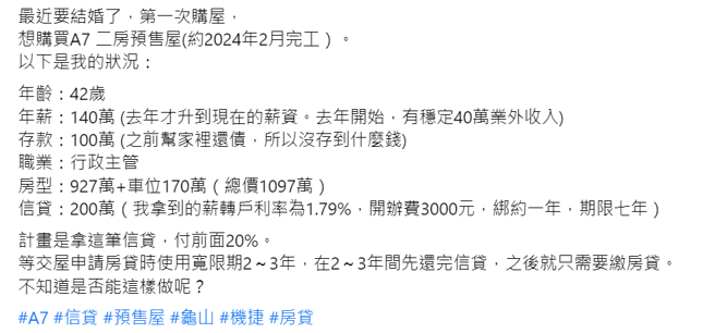 该网友分享自己的经济情况跟购屋目标。（图／翻摄自买房知识家）