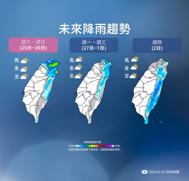 氣象局分享未來一周降雨趨勢，將以北部、東部為主。（圖／氣象局提供）
