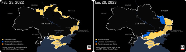美聯社的縮時動畫，呈現俄烏戰爭的消長。(圖/Twitter)