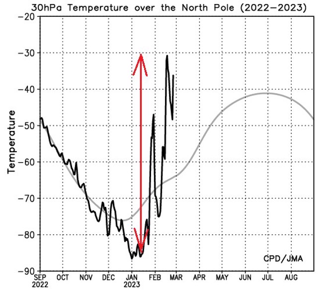 郑明典表示，平流层出现了不乾脆的「平流层暖变」，也就是温度持续来回震盪，但最终增温幅度大。(翻摄自郑明典脸书)