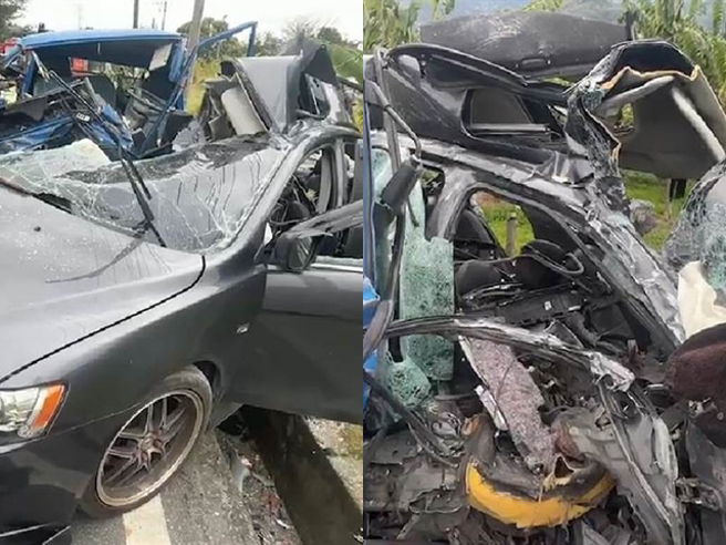 惊悚事故画面曝光，只见对撞瞬间轿车车头凹陷，大量高丽菜衝天坠落，2车几乎都成了废铁。（民眾提供）