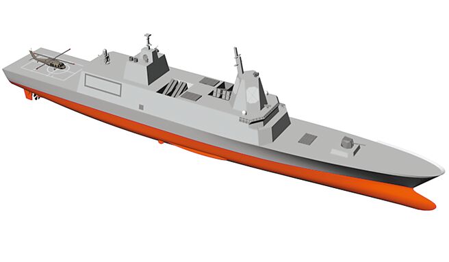 海军提出建造轻型神盾舰与轻型巡防舰，再搭配岸置鱼叉飞弹，镇相当符合台海作战特性。图为国军新一代主战舰─神盾级战舰。（海军司令部提供）