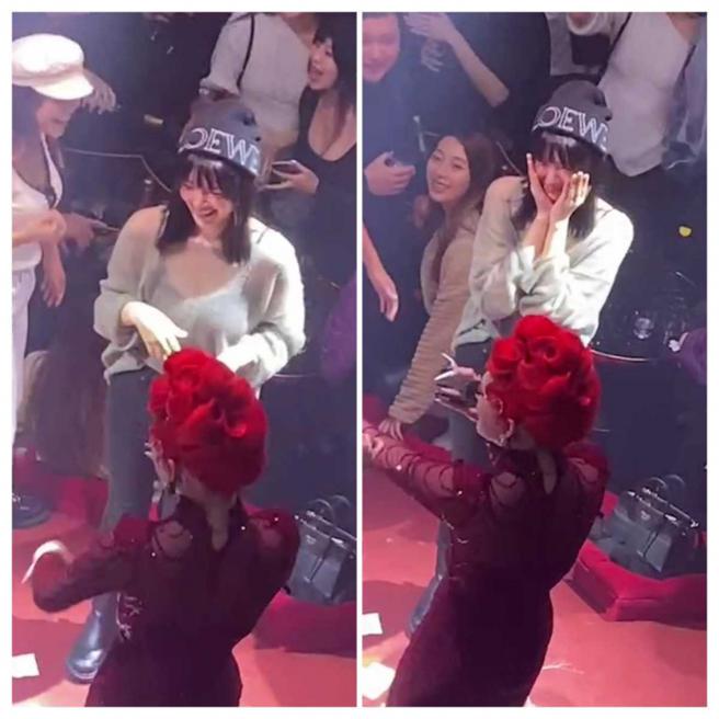 郭雪芙现身台北市某夜店的情人节活动，还临时被请上台，让她忍不住害羞捧脸。（图／读者提供）