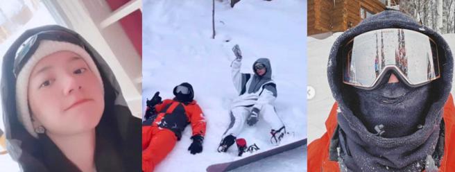 郭雪芙（左）与蔡凡熙（右）还一同去滑雪，留下躺在雪地里的画面。（图／取自郭雪芙IG）