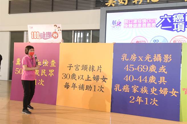 彰化縣政府為鼓勵民眾癌症篩檢，延續去年「健康振興劵」活動，1日辦理「脫口罩疫情OUT 六癌篩檢到到到 身體健康勇勇勇 一項一百送送送」宣導。（吳敏菁攝）