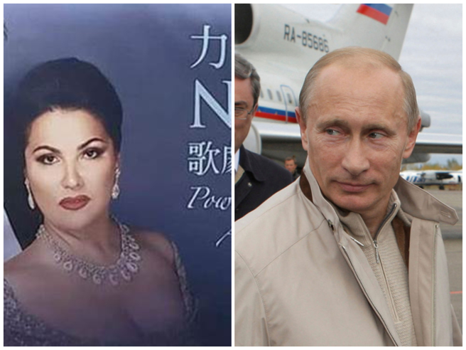 俄罗斯女高音安娜·涅翠柯（左）疑似因被认为立场亲近普丁（右），导致来台演出取消。（合成图，素材取自中时资料照、路透社）