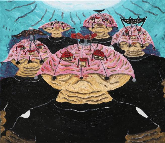 萧其珩在西子湾见钓客头上戴着小伞而创作《防晒团》。（路由艺术提供）