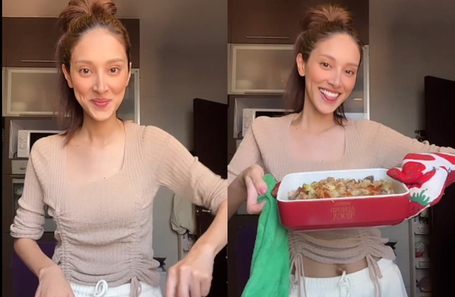 陈凯琳下厨，一举手可见肚子上有生产痕迹。（图／翻摄自陈凯琳小红书）