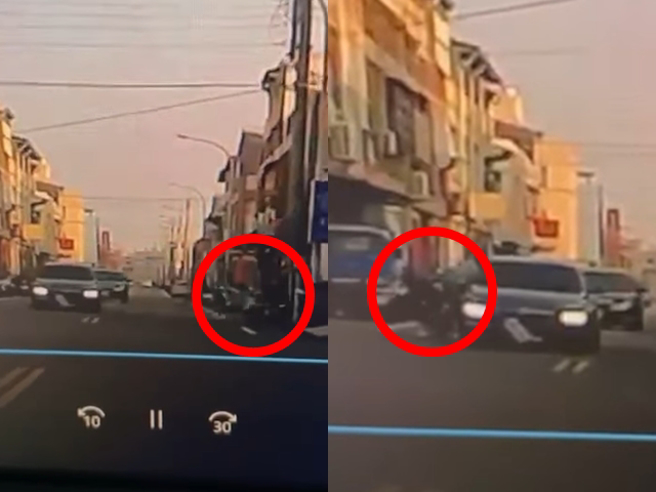 騎士飆速行經中正路50巷路口時，擦撞BMW車頭後衝向對面電線桿，後方另名騎士則直接撞擊BMW右車身，2名騎士雙雙被「擊落」。（翻攝自臉書「苑裡串起來」）