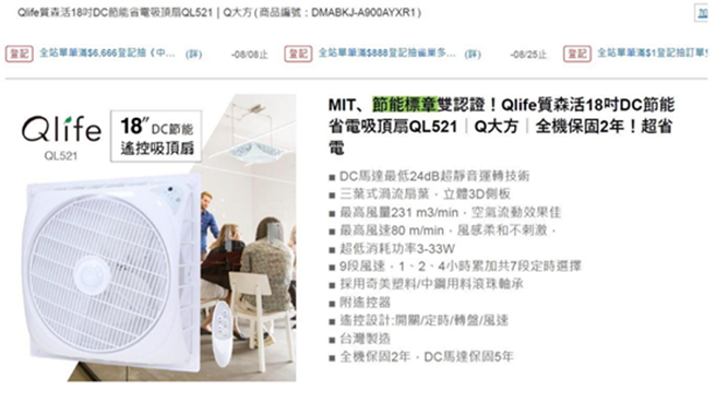 PChome24h购物网站销售「Qlife质森活18吋DC节能省电吸顶扇」，其节能标章提前到期失效，却仍宣称有认证，今遭公平会认定广告不实，开罚10万元。(图／公平会提供)