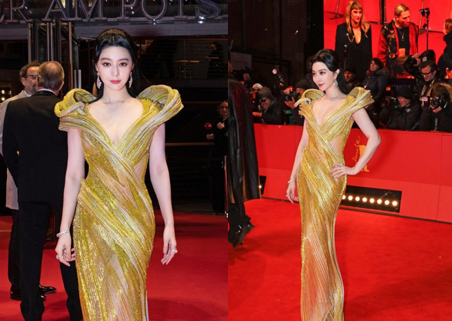范冰冰在柏林影展闭幕式，以一袭流金透视战袍宣告「红毯女王回归」。（图／摘自范冰冰IG）