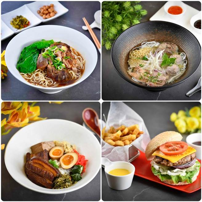 午、晚餐自助吃到饱主餐提供(左上顺时钟)国王牛肉麵、越式火车头河粉、美式汉堡、台式控肉饭4选1。（台北汉普顿酒店提供／陈韵萍合成）
