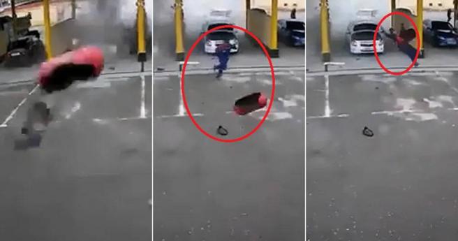 乌兹别克一座加油站日前发生爆炸事故，喷飞钢瓶杀了逃跑中的他。（图／翻摄自推特）