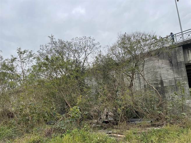 曾姓男子驾车行经头份市北横公路头份大桥前突然失控衝落路旁中港溪乾河床。（读者提供／谢明俊苗栗传真）