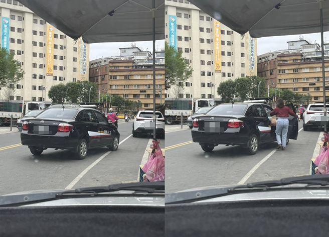 女駕駛將轎車違停路中央，便下車花約10分鐘買菜，來往車輛因此閃躲避開。（翻攝自臉書爆怨公社）