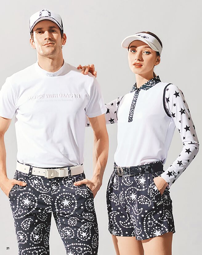 SOGO復興館日本高爾夫品牌Dance With Dragon，短袖Polo上衣，特價4380元；短褲特價7180元。（SOGO提供）
