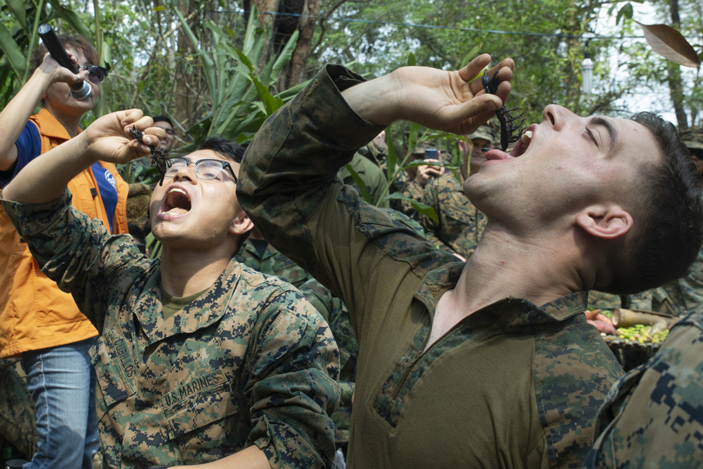 2019年2月15日，泰国金色眼镜蛇演习期间，美国第4海军陆战队第1营的海军陆战队员在丛林生存训练期间吃活蝎子。（资料照／DVIDS）(photo:ChinaTimes)
