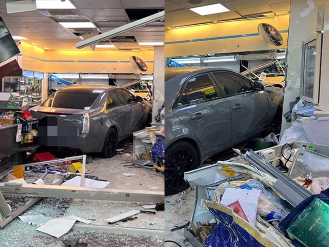 路口監視器畫面曝光，只見凱達拉克直直衝入超商、疑似毫無剎車，車身還一度被鏟起側翻，附近民眾和店員全部嚇壞。（翻攝自記者爆料網）